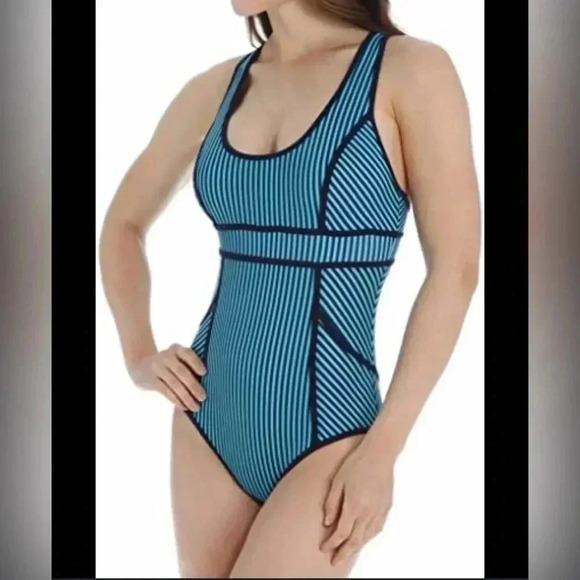 NWT SPANX HourGlass Racerback One Piece Swimsuit 
Size 16 Navy Splash ThinStripe - Picture 1 of 6